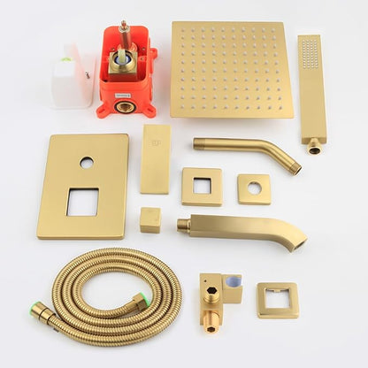 POP SANITARYWARE Brushed Gold Shower System Bathroom Shower Faucet Set with Tub Spout Wall Mounted 8 Inch Shower Head and Handle Set with Handheld 3 Function Tub and Shower Trim Kit with Valve