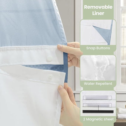 Inhousolu Extra Long No Hook Shower Curtain with Snap in Fabric Liner Set Waffle Weave 230GSM Weighted Hem, Waterproof & Washable Bathroom Curtain Spa Luxury with Mesh Top Window 72"W x 84"L Fog Blue