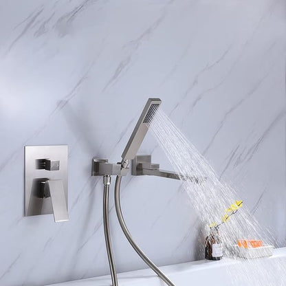 Wall Mounted Bathtub Faucet with Handheld Shower, Solid Brass 180° Swivel Bathroom Tub Filler Faucet with Hand Shower Modern Single Handle Tub Faucet Set, Brushed Nickel