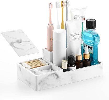 Luxspire Bathroom Counter Organizer, Marble Toothbrush Holder for Bathroom 6 Slot, Bathroom Vanity Organizer with Lid, Bathroom Organizer Countertop for Cotton Ball, Q-Tips, Floss, Gravel White