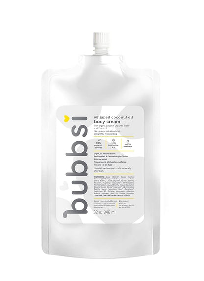 Bubbsi Whipped Coconut Oil Baby Lotion for Eczema, Dry Skin, Baby Acne, KP | Organic Coconut Oil, Shea Butter, Vitamin E | Light, Natural Scent | EU Compliant, Vegan (Refill Pouch, 32oz)
