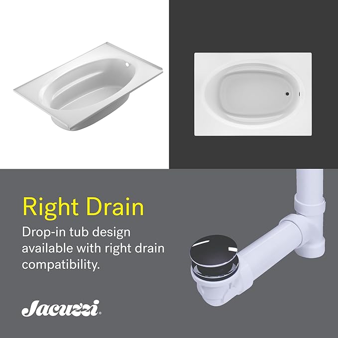 Jacuzzi SIGNATURE Acrylic Drop-In Bathtub, Jet Massage Tub, Slip Resistant, Right Drain Placement, 72" (L) x 42" (W), Oval In Rectangle, Oyster