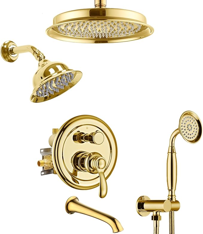 Dual Antique Shower Head System with Tub Spout: 9" Ceiling Mounted Rain & 6" Wall Mount Rainfall, Handheld Spray Vintage Faucet Set, 4 Way Diverter Brass Valve with Trim Kit, Gold