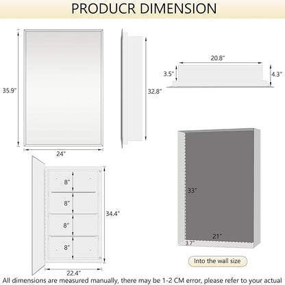 Bathroom Medicine Cabinet with 24x36 in Rectangular Beveled Frameless Mirror,Wall Mounted Mirror Cabinet for Bathroom Toilet Kitchen,Recess or Surface Mount