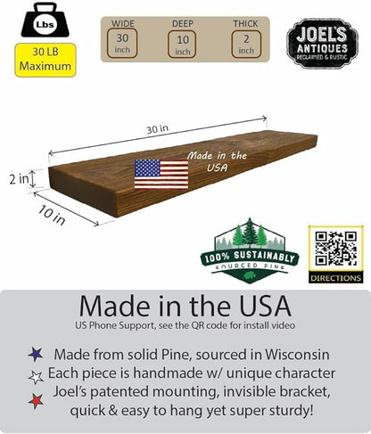 joelsantiques 30 Inch Floating Shelves for Wall - 30x10x2 in - Made of Natural Wood - Easy Install - Heavy Duty Rustic Book Shelves - Perfect for Bathroom, Kitchen, Living Room, Bar - Medium Brown
