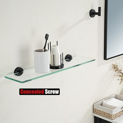 JQK Bathroom Glass Shelf Black, Tempered Glass Shower Storage 24 by 5 inches, 304 Stainless Steel Matte Black Wall Mount, TGS101L24-PB