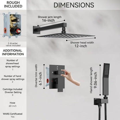 Shower Faucet Set Matte Black Shower System, Starbath 12" Rain Shower Head and Handheld Spray Shower Set Complete Wall Mounted,2 Way Pressure Balance Shower Valve and Trim Kit Included