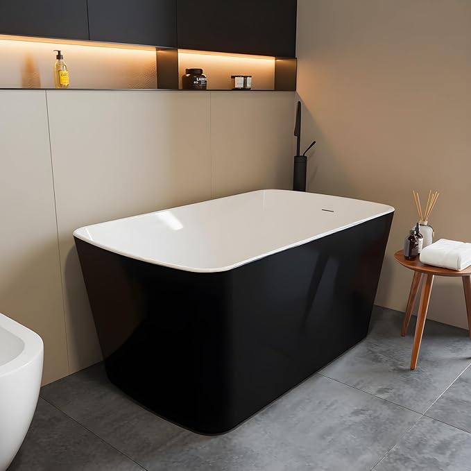 49‘’ GarveeHome Acrylic Freestanding Bathtub, Deep Soaking Stand Alone Tub, black exterior and white interior, Comfortable Small Space Tub with Chrome Overflow and Drain, Easy to Install
