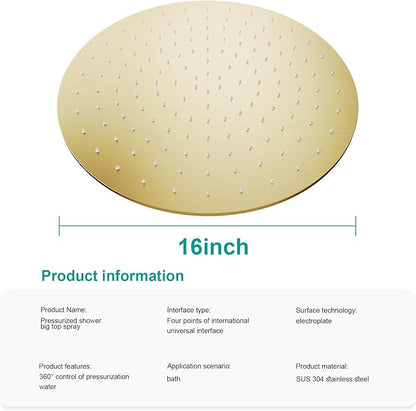 All Metal Rain Shower Head - Heavy Duty Stainless Steel, Easy Install, High Water Flow, Ultra-Thin Modern Design for Bathroom (F-Brushed Gold, 16)