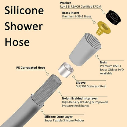 59 Inches Shower Hose Ultra-Soft Silicone Shower Hose Extension Anti-Kink Designed Long Handheld Shower Head Hose Replacement with Brass Insert and Nut Gray