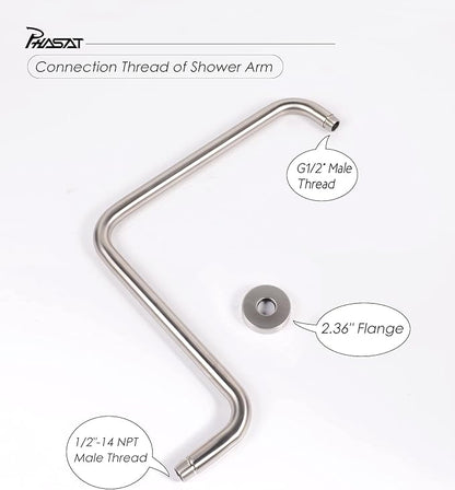 PHASAT S Shaped Shower Arm, 16.65 Inches High Rise Shower Arm with Flange,Shower Head Extension Arm Replacement,Shower Arm Extension Brushed Nickel,PU9L02