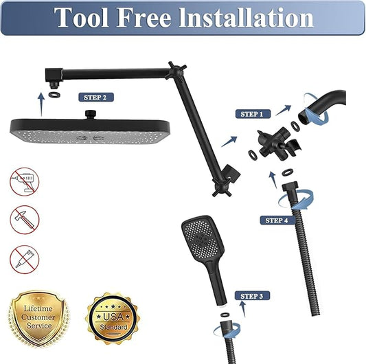 14 Inch Large Shower Head with Handheld Spray Combo and Extention Arm, Rain Rainfall Waterfall High Pressure Shower Heads, Modern Showerhead with 3-Way Diverter - Height/Angle Adjustable(Matte Black)