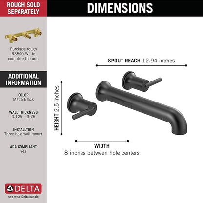 Delta Wall Mount Bathroom Faucet 3 Hole, Matte Black Bathroom Sink Faucet for Vanity, Matte Black T5759-BLWL (Valve Not Included)