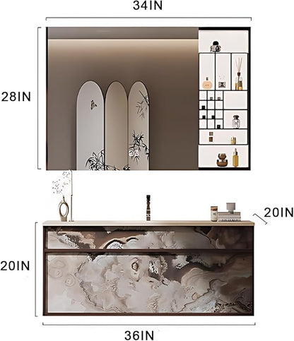 36IN Modern Bathroom Vanity with Sink - Bathroom Vanity with Drawer Organizer, LED Mirror Lights & Defogging Function | Wall - Mounted Vanity with Silver Sink Faucet
