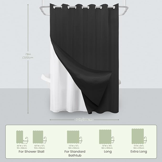 Inhousolu No Hook Waffle Weave Shower Curtain with Removable Snap in Fabric Liner Set for Bathroom, 230 GSM Heavy Duty Weighted Hem, Water Repellent Washable Bath Curtains, 72 x 78 Inch, Black