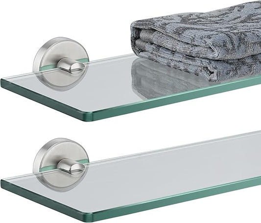 JQK Bathroom Glass Shelf, Tempered Glass Shower Storage 20 by 5 inches, 304 Stainless Steel Brushed Finish Wall Mount, 2 Pack, TGS101L20-BN-P2