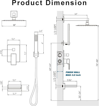 Shower System with Tub Spout, All Metal Tub Shower Faucet Set with 10" Rain Shower Head and Handheld Spray combo, Wall Mounted Tub Shower Systems with Valve and Trim Kit, Brushed Nickel