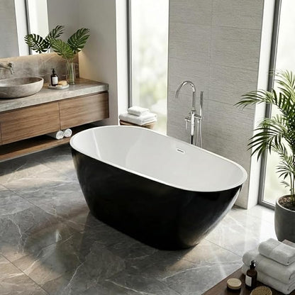 67" Freestanding Acrylic Bathtub, Deep Soaking Tub with Non-Slip Base & Chrome Drain, cUPC Certified, Black Pearl
