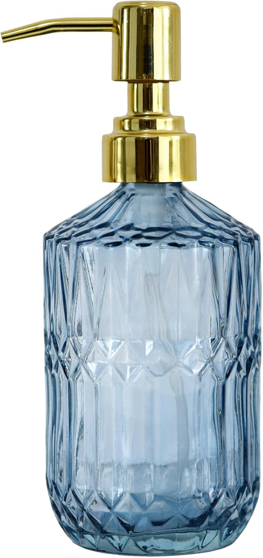 18oz Blue Glass Soap Dispenser, Refillable Kitchen, Bathroom Thick Glass Soap Dispenser with Golden Rustproof Pump for Dishwashing Liquid, Hand Soap, Lotion, Body Wash (Blue-Golden Pump)