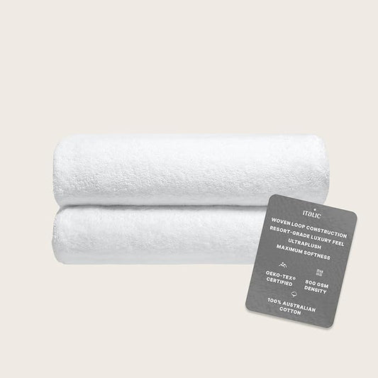 Italic Ultraplush 100% Australian Cotton Towels - Set of 2 Luxury Bath Towels, Quick Dry Plush and Absorbent, Heavy Duty Large Bath Towels, 800GSM Towels for Bathroom & Spa (White)