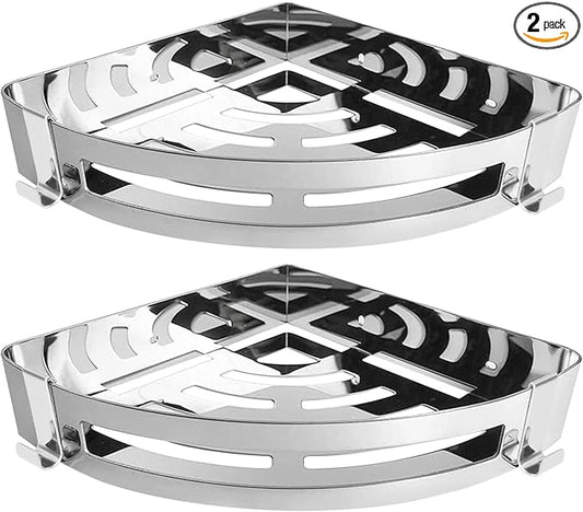 NearMoon Bathroom Shower Caddy 2 Pack, No Drill 304 Stainless Steel Shower Organizer with 2 Hooks (Corner Shelf, Chrome)