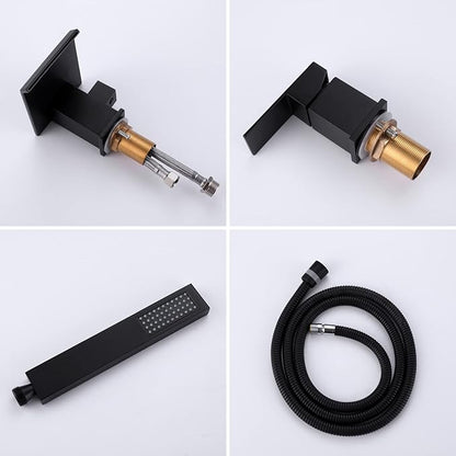 TapLong Modern Roman Tub Faucet with Hand Shower, Waterfall Deck Mount Bathtub Filler Faucet with Sprayer, Widespread 3-Holes Tub Shower Faucet Set in Matte Black, 02763B