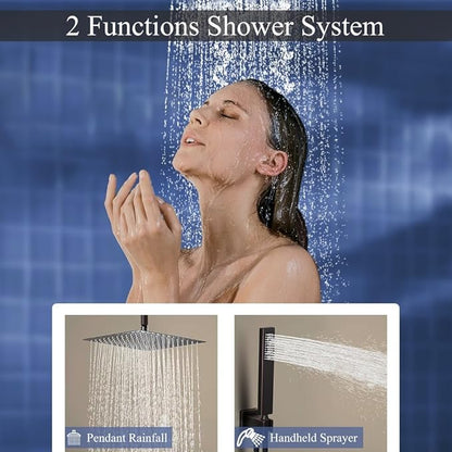 12 Inch Oil Rubbed Bronze Ceiling Mount Shower System Bathroom Luxury Rain Mixer Shower Combo Set Ceiling Rainfall Shower Head System Faucet Contain Rough-in Valve and Trim Included