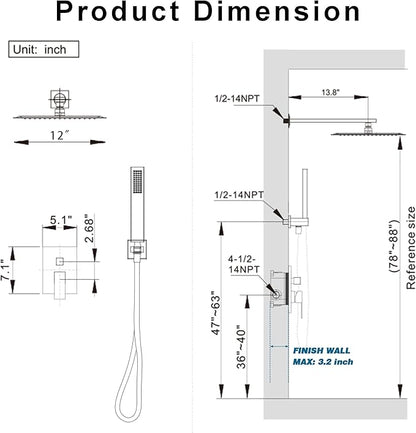 Shower System, Brushed Nickel Shower Faucet Set with 12-Inch Rain Showerhead and Handheld Spray, Wall Mounted High-Pressure Showerhead Combo Set Included Valve and Trim, Brushed Nickel