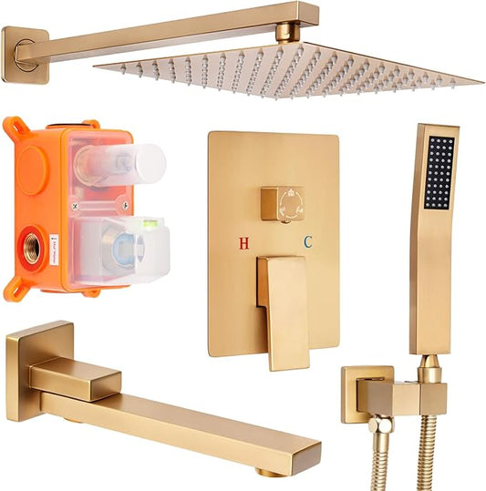 12 inch Square Shower Head and Handheld Set, Gasecoet Shower System with Tub Spout Wall Mounted Shower Faucet for Bathroom - Brushed Gold (With Shower Valve)