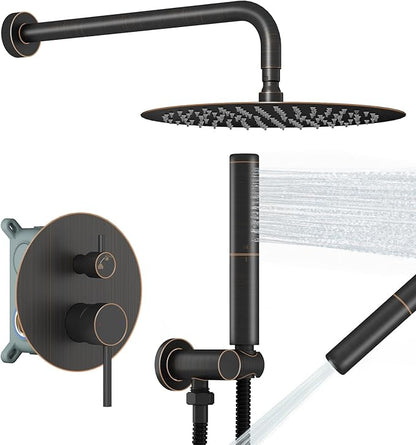 BESy Shower System with 10 Inch Round Rain Shower Head and Handheld Wall Mounted, High Pressure Rainfall Shower Faucet Fixture Combo Set with 2 in 1 Handheld Showerhead for Bathroom, Oil Rubbed Bronze