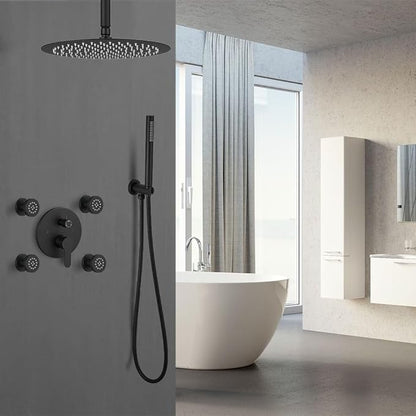 Matte Black Round Shower Faucet Set with Body Jets 16 Inch Shower Head Handheld Shower Combo Set High Pressure Ceiling Mount with Rough-in Valve