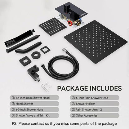 Shower Faucet Set Matte Black Shower System, STARBATH 12+6" Dual Rain Shower Head with Handheld Spray for Two People,Wall Mount Rainfall 3 Way Shower Valve with 5 Diverter and Trim Kit Complete