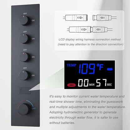 Matte Black Digital Display Shower System with 16X24 inch Ceiling Overhead Shower Head(Rain & Waterfall Two Modes), 4 PCS Body Jet and Handheld Spray