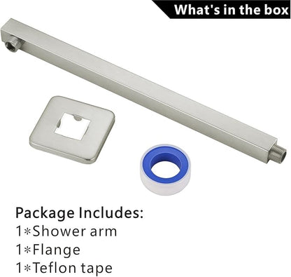 Voolan 16" Square Shower Arm with Flange and Teflon Tape, Extension Shower Head Arm for Bathroom Fixed Shower Head, Solid Stainless Steel, Wall Mounted (Brushed Nickel)