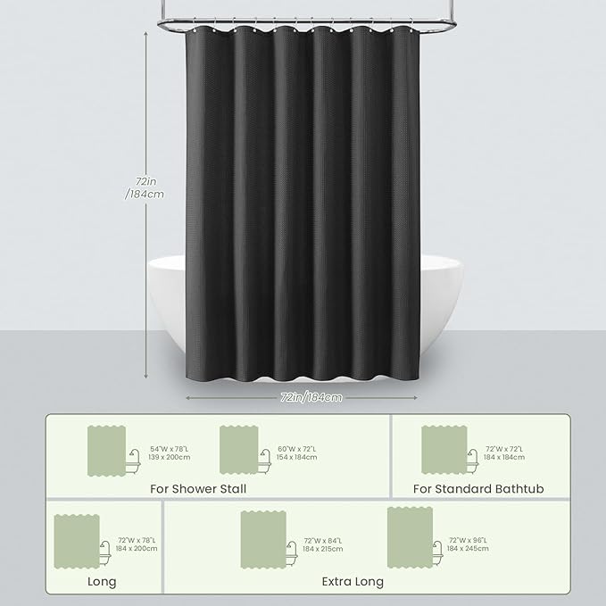 Inhousolu Fabric Shower Curtain Waffle Weave, 230 GSM Heavy Duty, Weighted Hem, 14 Metal Hooks, Water Repellent, Machine Washable, Hotel Spa Luxury Bath Curtain Set, 72 x 72 Inch, Black
