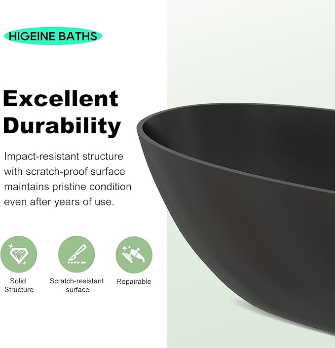 63" Premium Solid Surface Freestanding Bathtub, Contemporary Design Stand Alone Stone Resin Tub with Overflow and Pop-up Drain, Matte Black