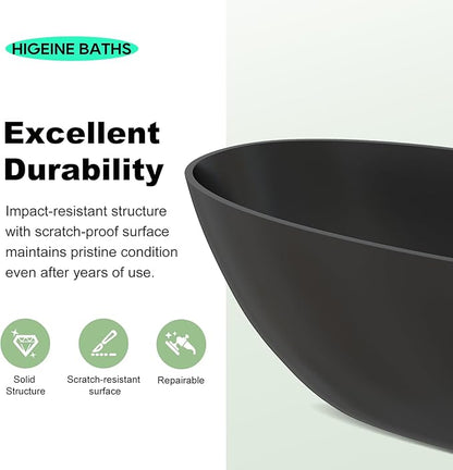 59" Premium Matte Black Solid Surface Freestanding Bathtub, Modern Design Stone Resin Bath Tub with Overflow and Pop-up Drain