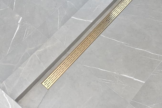 SereneDrains 304 Stainless Steel 36 Inch Brushed Gold Shower Drain Kit Broken Lane Brass Linear Shower Drains Long Hair Catcher Strainer Grate Cover Bathroom Floor (Matte Gold, 35 Inch)