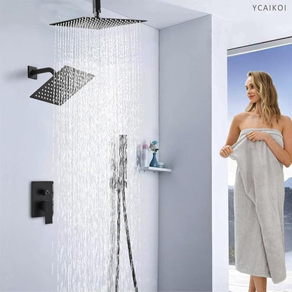 Shower Faucet Set Matte Black Shower System, Knob Switch Diverter Shower Faucet with High Pressure Handheld Spray, Ceiling Mount 12 Inch Shower Head with 6 Inch Wall Mount Shower Head