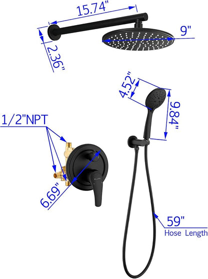 SHAMANDA Shower Faucet Set, Wall Mounted Shower System with High Pressure 9" Rain Shower head and 5-Setting Handheld Shower Head(Pressure Balance Round-In Valve and Trim Included), Matte Black, L01-7