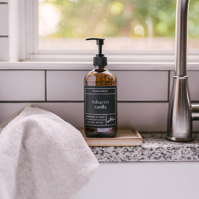 River Birch Tobacco Vanilla Scented Natural Hand Soap - Handmade Soap - Moisturizing Hand Wash with Amber Glass Dispenser - Luxury Scented Hydrating Hand Soap - Vegan and Non-Toxic - 16 Fl Oz