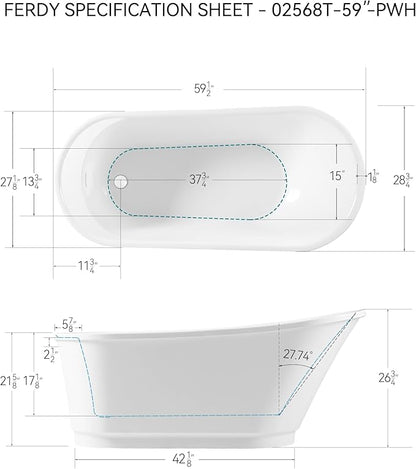 FerdY Langkawi 59" Acrylic Freestanding Bathtub, White Modern Stand Alone Soaking Bathtub, cUPC Certified, Polished White Drain and Minimalist Linear Design Overflow Included, Easy to Install, 02568T