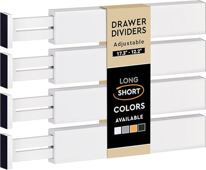 4-Pack Bamboo Drawer Dividers - 2.6" High, 12.5"-17" Adjustable Drawer Organizers for Clothes, Expandable Dresser Separators in Bedroom/Bathroom/Kitchen/Office Organization and Storage (White)