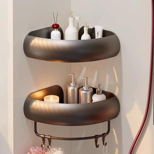 VOLPONE Corner Shower Caddy with Razor Holder Adhesive Shower Shelf Corner No Drilling (adhesive mounting, no suction cup) Bathroom Shower Organizer Storage Rack (2-Pack, Black)