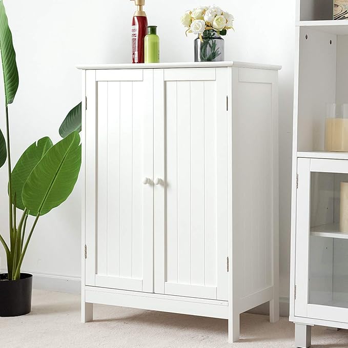 Tangkula Bathroom Floor Cabinet, Freestanding Storage Cabinet with Double Doors and Shelf, Modern Home Furniture, Wooden Home Organizer for Living Room, Bathroom Cabinet, White
