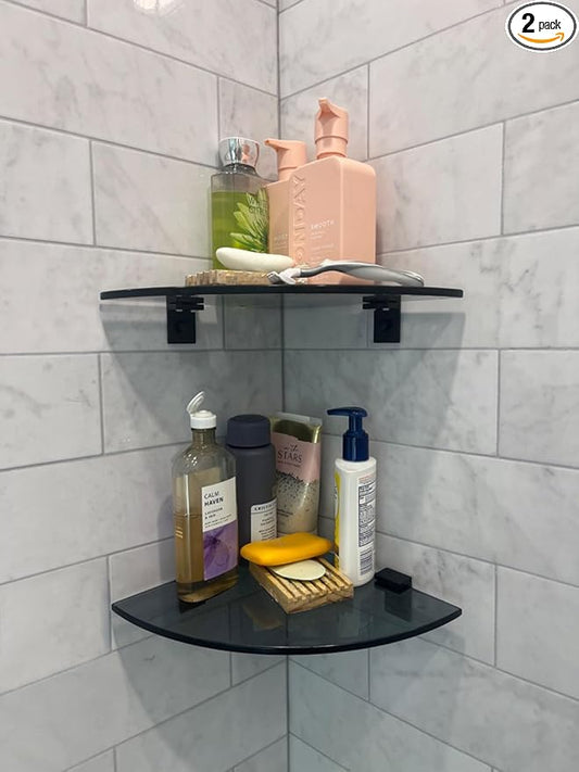 2-Pack Glass Shelf Shower Caddie, Shower Shelves for Inside Shower, Drilling Free Adhesive Wall Mounted Bathroom Organizer Shelves with Aluminium Brackets, Black
