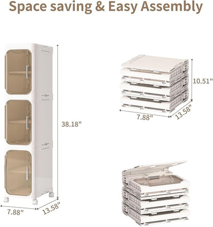KHNR 3-Tiers Slim Bathroom Storage Cabinet, Foldable Storage Cabinets,Narrow Bathroom Storage,Movable Bathroom Storage Organizer for Small Spaces,Bathroom,Kitchen,Laundry,Cream White