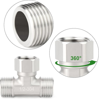 TAISHER 2PCS 304 Stainless Steel 3 Way Top Flexible Movable Tee Connector, 1/2" Male for Sprayer, Angled Valve, Shower Arm