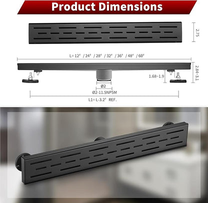 Sharp-tec Linear Shower Drain, 24 inch Shower Drain with Removable Pattern Cover, Matte Black 304 Stainless Steel Rectangle Floor Drain, Adjustable Feet and Hair Strainer Included (Model 101)