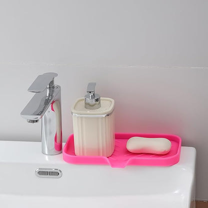 Silicone Bathroom Soap Dishes with Drain Spout-Bathroom and Kitchen Sink Organizer,Sponge Holder,Dish Soap Tray,Perfect for Dispenser,Scrubber,Bottle,Cup on Sink or Counter-Rose 9.6"×5.3"